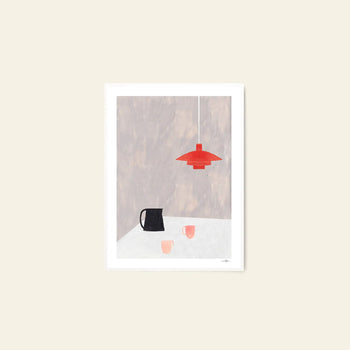 Jaguar 01 (50x70) by Anastasia Krasilnikova for The Poster Club features minimalist art of a black pitcher, pink cups, and a red lamp on a tabletop set against a textured gray wall and light beige background.