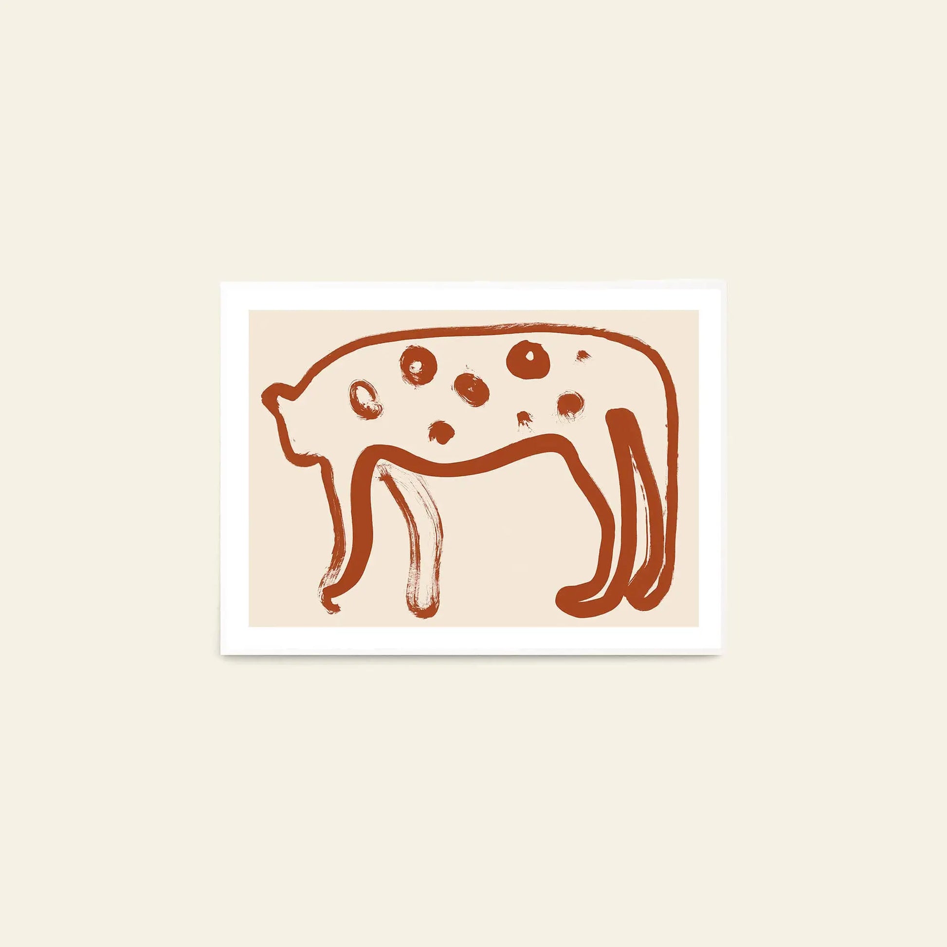 The Poster Club Anna Mörner - Statue (50x70) features a minimalist cat-like illustration in brown with spots on a white-bordered beige background, giclée printed on premium art paper by The Poster Club for superior quality.