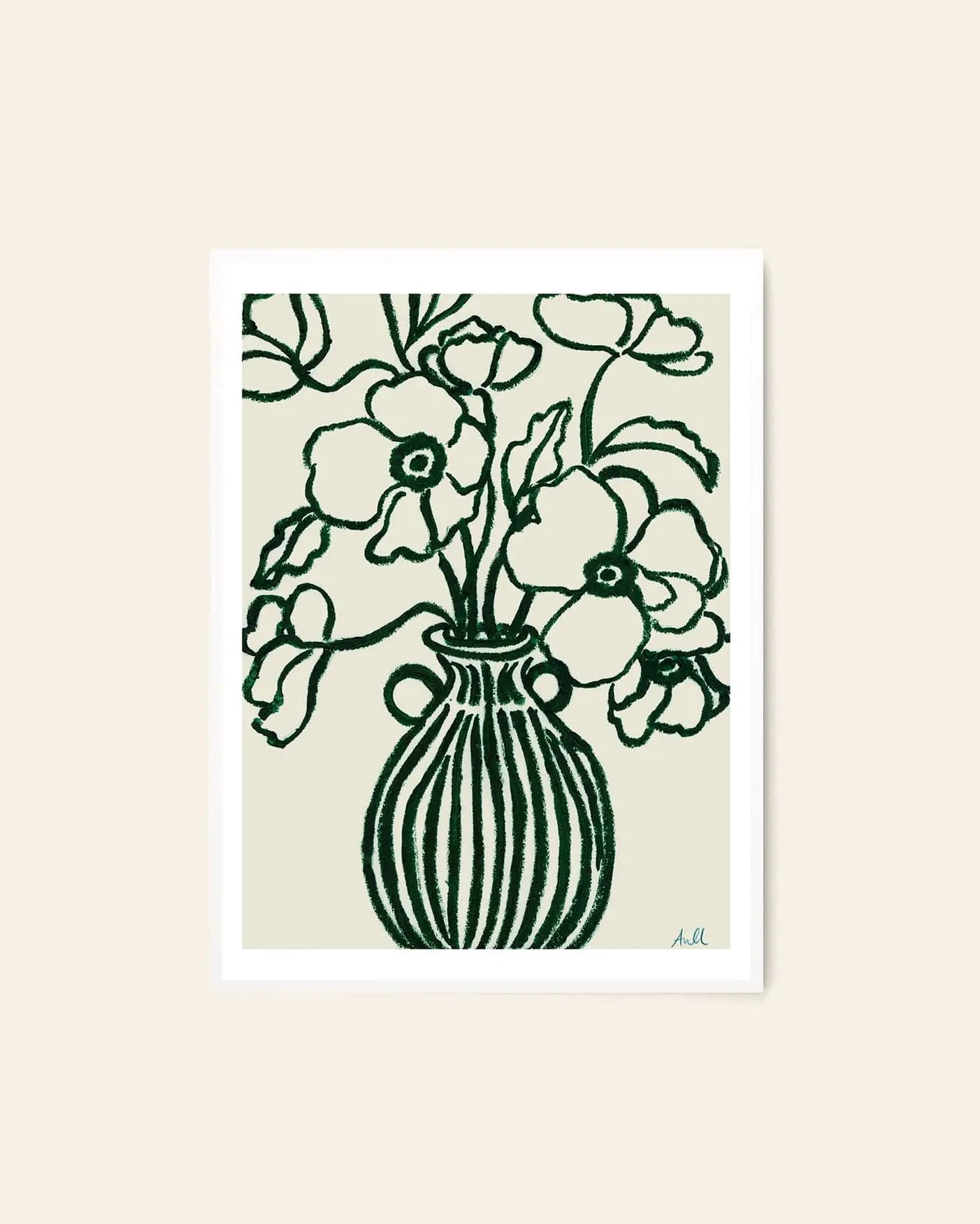 The Poster Club Anine Cecilie Iversen - Poppy Studies III (30x40) features a minimalist dark green floral line drawing in a striped vase on light beige, framed with a white border—an elegant fine art giclée print by The Poster Club.