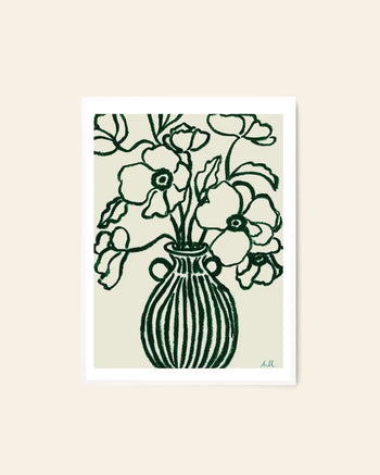 The Poster Club Anine Cecilie Iversen - Poppy Studies III (30x40) features a minimalist dark green floral line drawing in a striped vase on light beige, framed with a white border—an elegant fine art giclée print by The Poster Club.