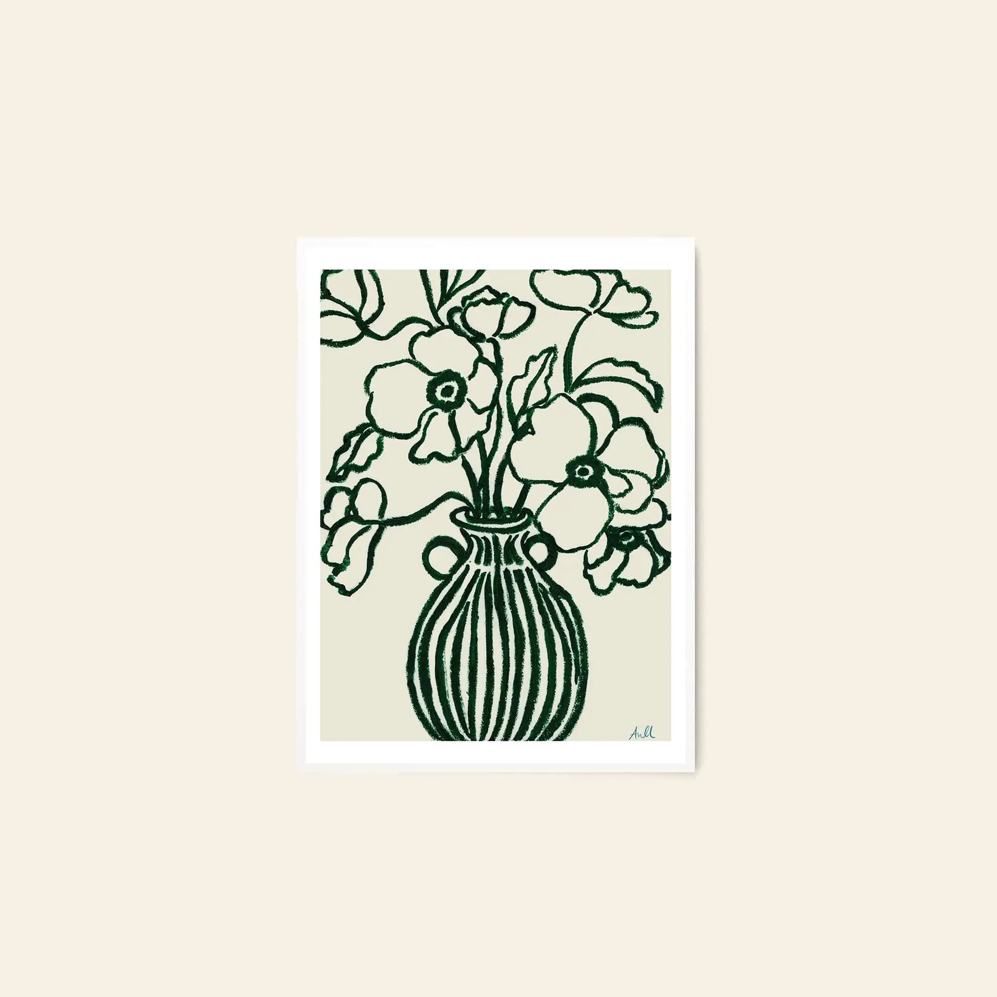 The Poster Club Ana Frois - Orange Pendant (50x70) features a minimalist line drawing of a striped vase with bold flowers, in a white frame on a beige background. Available as a fine art giclée print from The Poster Club.