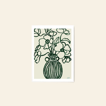 The Poster Club Ana Frois - Orange Pendant (50x70) features a minimalist line drawing of a striped vase with bold flowers, in a white frame on a beige background. Available as a fine art giclée print from The Poster Club.