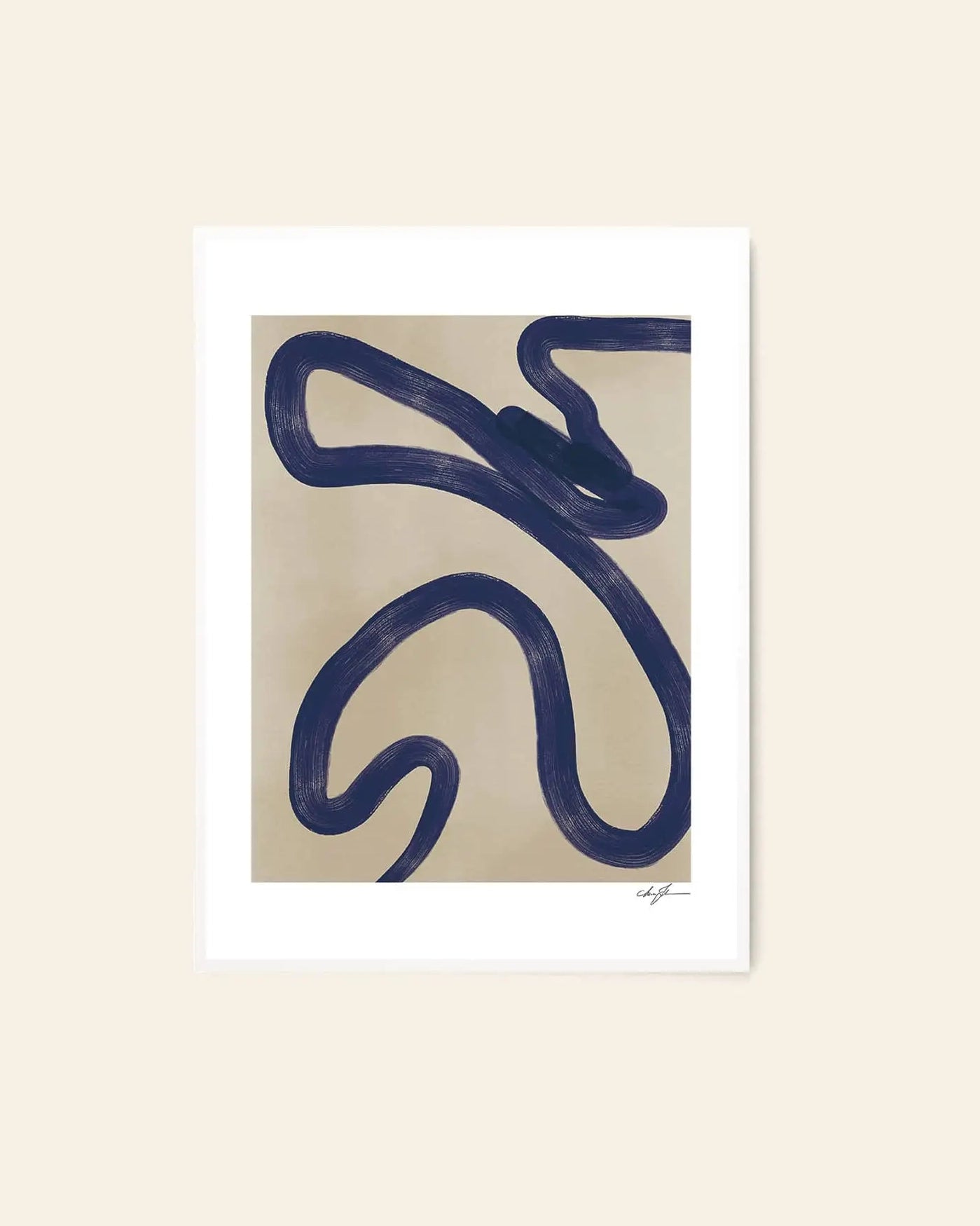 The Poster Club Anna Johansson - Monday (30x40) is a minimalist print with a bold, dark blue wavy line on a neutral beige background and white mat—a sophisticated artwork from The Poster Club.