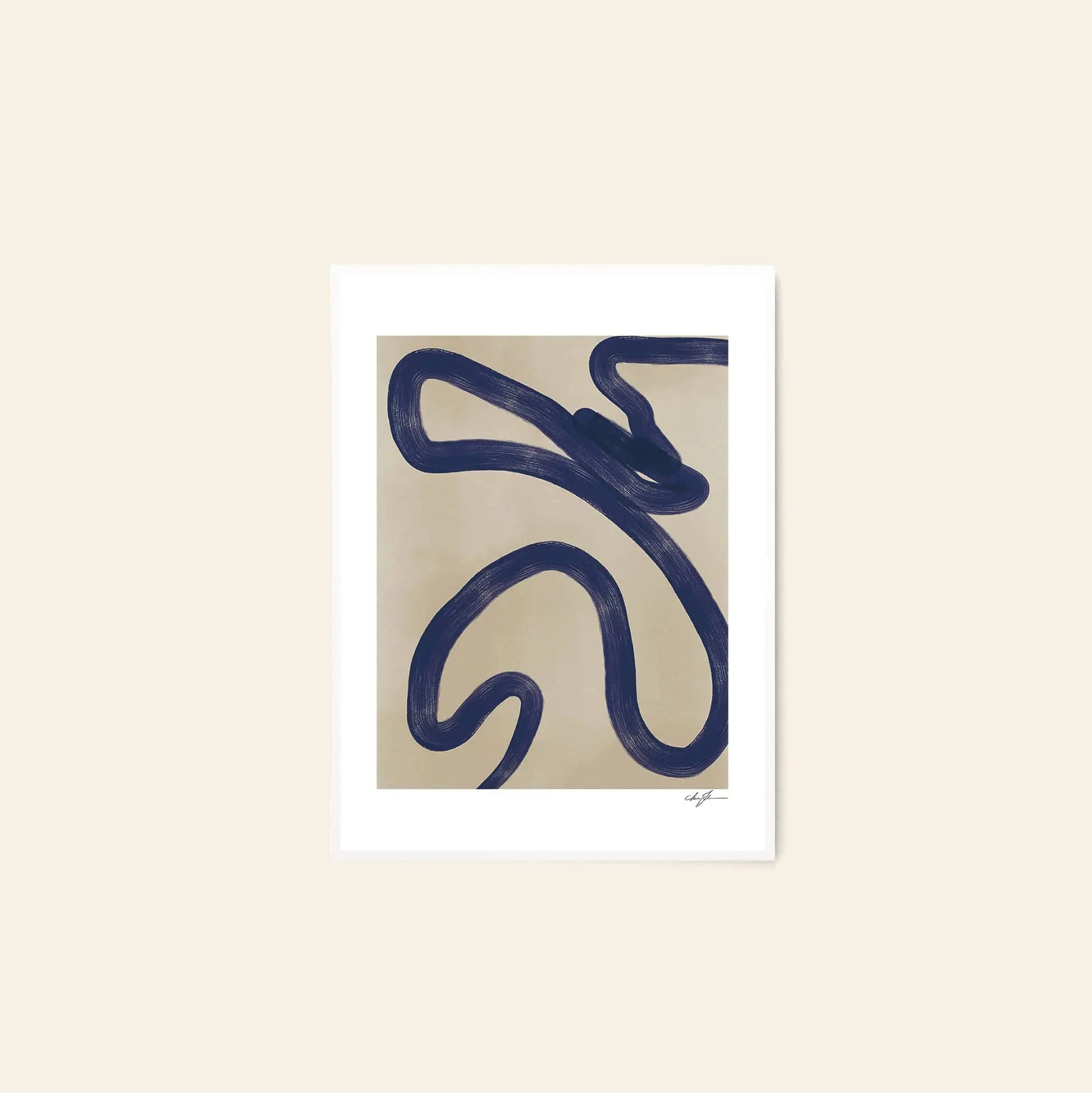 The Poster Club Anastasia Krasilnikova - Jaguar 01 (50x70) art print features a bold dark blue looping brushstroke on beige, elegantly framed with a white mat and displayed against a light cream wall.