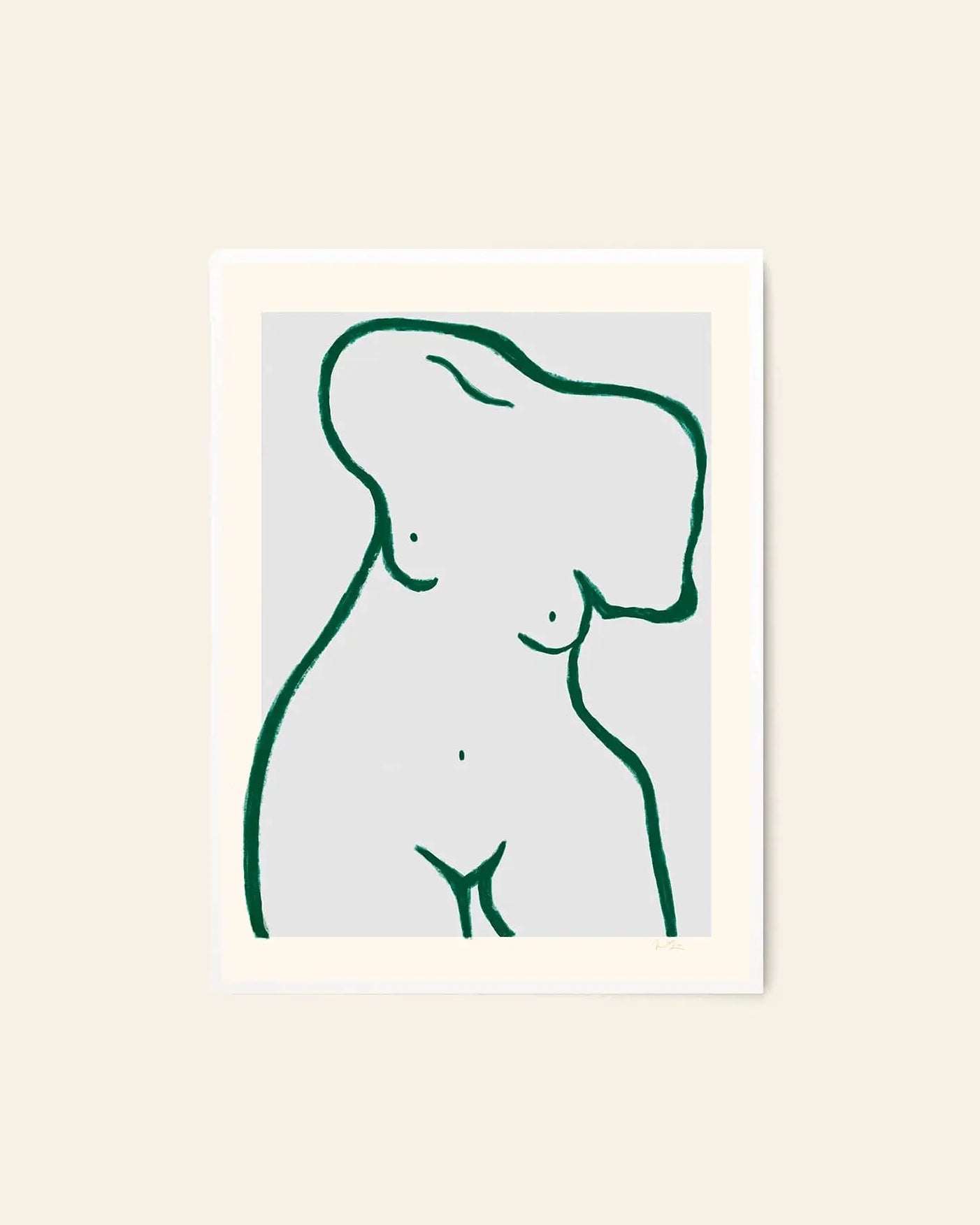 Minimalist green line drawing of a nude torso (no head or arms) on light gray. Anna Mörner - Statue (50x70) giclée print by The Poster Club, framed with a white mat and displayed against a beige wall.