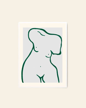 Minimalist green line drawing of a nude torso (no head or arms) on light gray. Anna Mörner - Statue (50x70) giclée print by The Poster Club, framed with a white mat and displayed against a beige wall.