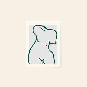 The Poster Club Anna Mörner - Statue (50x70): A minimalist green line drawing of a headless, armless nude female torso on light gray, centered in a white frame on beige. Fine art giclée print on premium paper. Inspired by Anna Mörner.