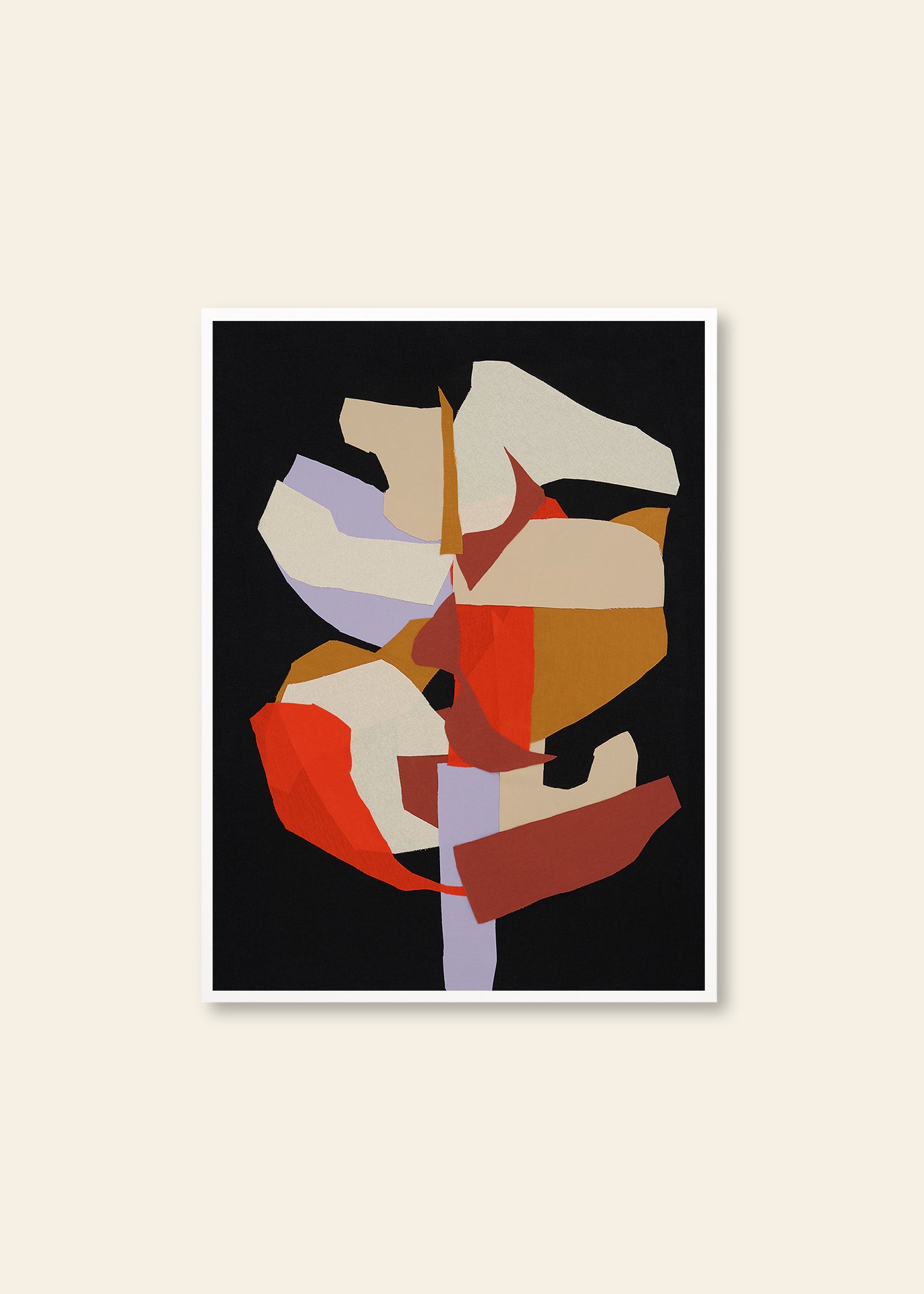 Atelier Cph - Blooming (30x40) by The Poster Club features layered, irregular shapes in beige, orange, red, and lavender on black with a white border—a striking piece of contemporary art reminiscent of a stylized tree.