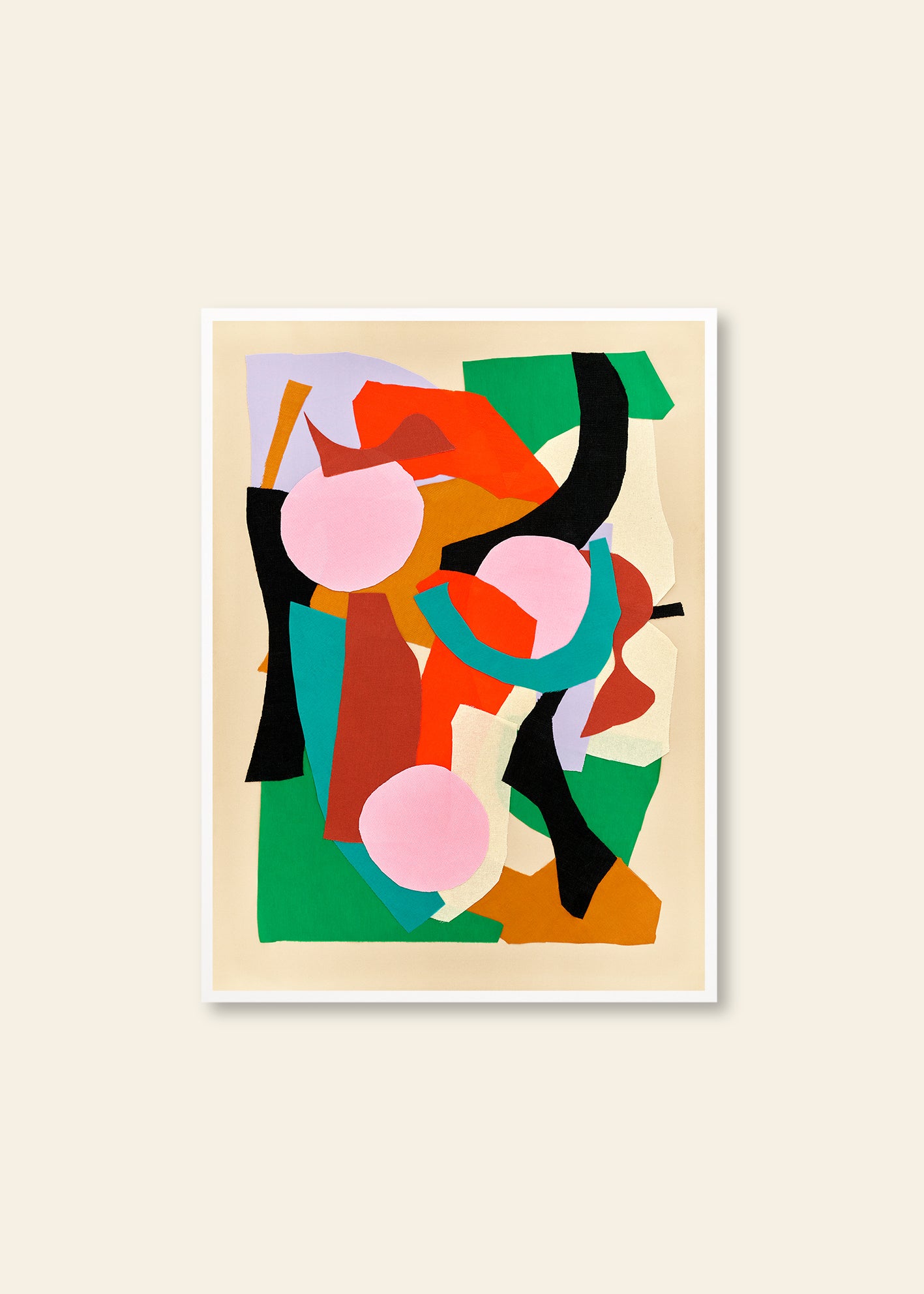 Atelier Cph - Botanic (30x40) by The Poster Club is a vibrant abstract art print featuring overlapping geometric shapes in pink, green, black, orange, and red on beige, with circles and rectangles for a striking layered look.