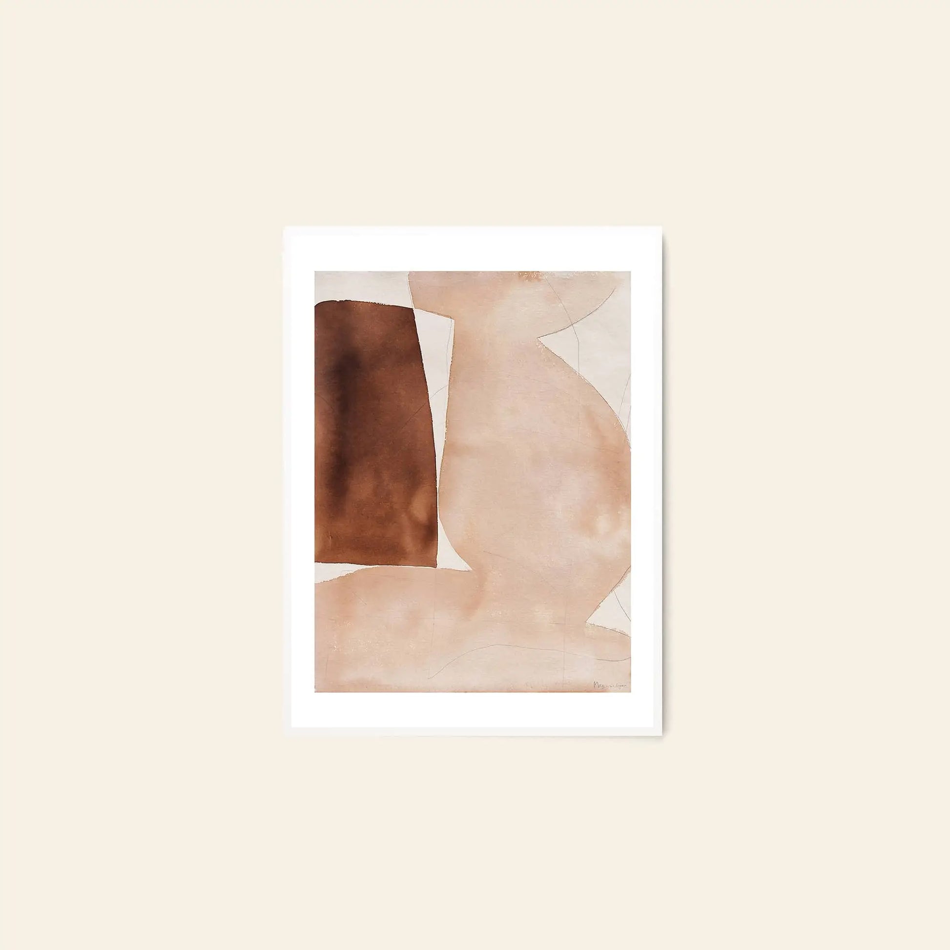 The Poster Club Berit Mogensen Lopez - Checkered (50x70) features soft brown and beige watercolor shapes with smooth edges, arranged vertically in a white frame, set against a light cream background. Available at The Poster Club.