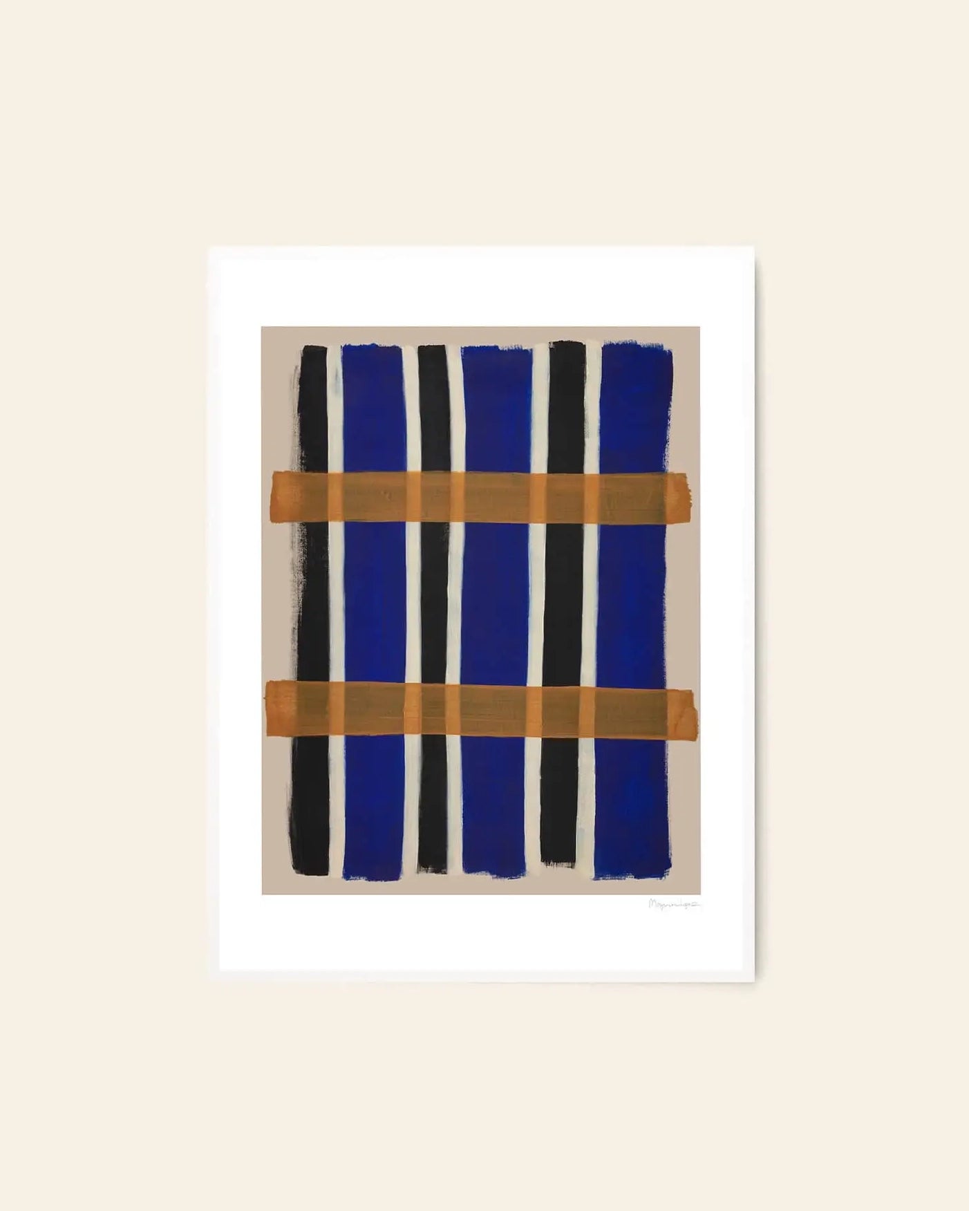 The Poster Club Berit Mogensen Lopez - Checkered (50x70) is an abstract art print with vertical blue and black stripes, two horizontal brown lines, on a beige background in a white frame. Available at The Poster Club.