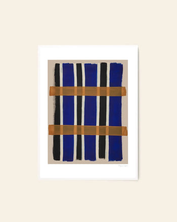 The Poster Club Berit Mogensen Lopez - Checkered (50x70) is an abstract art print with vertical blue and black stripes, two horizontal brown lines, on a beige background in a white frame. Available at The Poster Club.