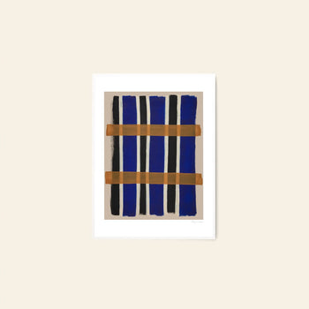 The Poster Club Berit Mogensen Lopez - Checkered (50x70) art print features abstract blue and black bars with two brown-orange bands, displayed with a white mat on a light beige wall. Available from The Poster Club.