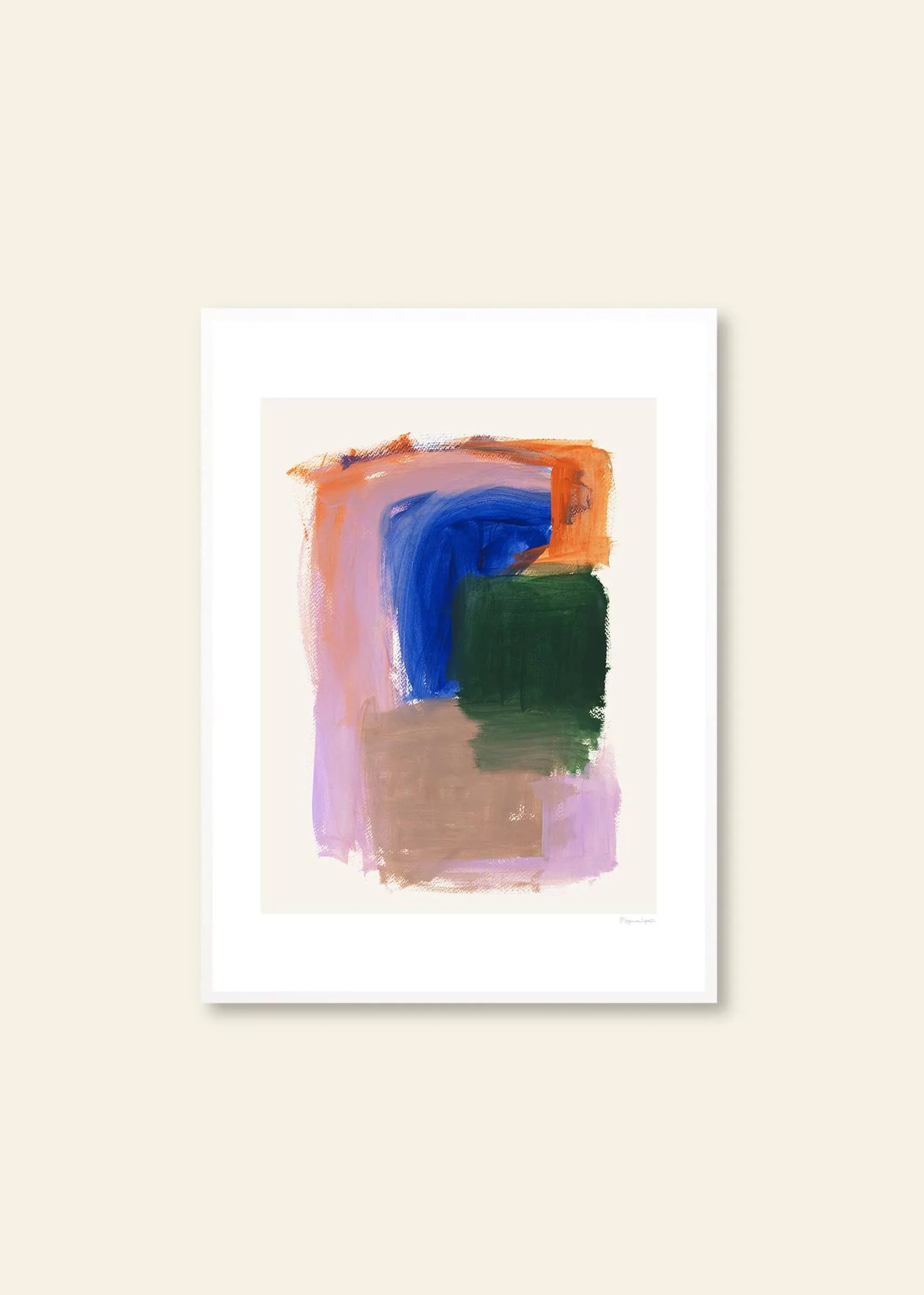 Berit Mogensen Lopez - Improvise (30x40) art print from The Poster Club, with bold strokes of blue, green, orange, purple, and beige in a white frame displayed on an off-white wall.