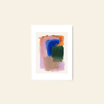 The Poster Club’s Berit Mogensen Lopez - Improvise (50x70) art print features bold orange, blue, green, brown, and purple brushstrokes on white. Framed and displayed on a light beige wall. Available from The Poster Club.