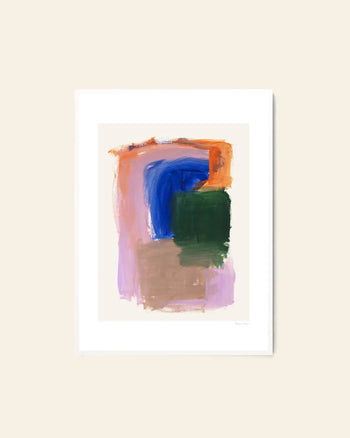 The Poster Club Berit Mogensen Lopez - Improvise (50x70) is an abstract art print with bold blue, green, orange, purple, and beige brushstrokes and layered shapes on a cream background, finished with a white mat. Available from The Poster Club.