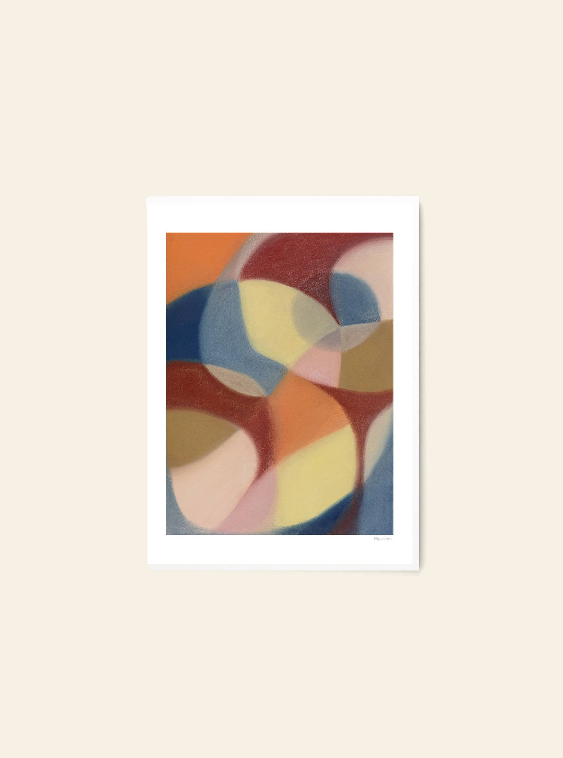 The Poster Club Berit Mogensen Lopez - Increase (30x40) art print showcases soft, overlapping orange, red, yellow, and pink shapes with cool blue and gray on a beige background in a white frame. Brand: The Poster Club.