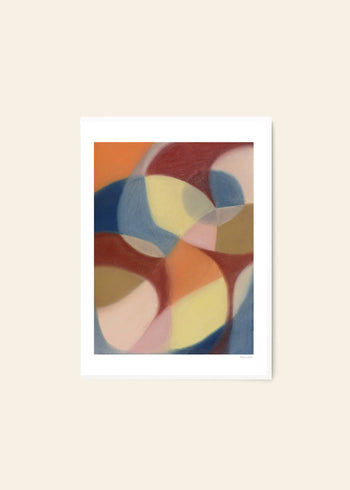 The Poster Club Berit Mogensen Lopez - Increase (50x70) features overlapping, soft-edged shapes in orange, blue, yellow, red, and beige, blending warm and cool tones on a neutral background for a harmonious abstract art print.