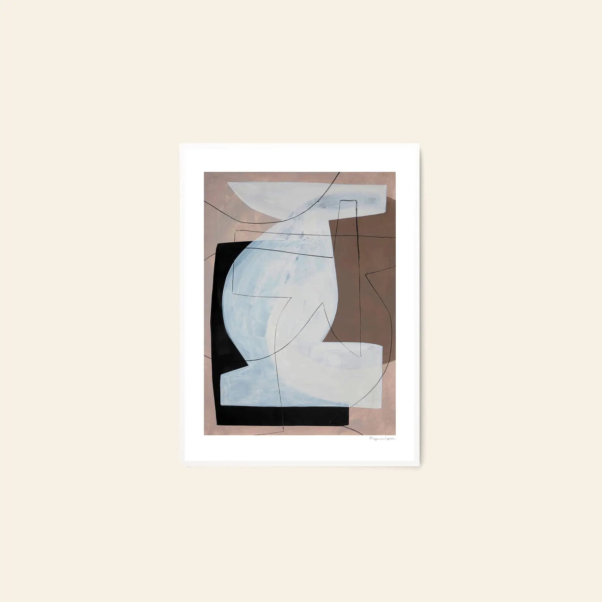 The Poster Club Berit Mogensen Lopez - Improvise (50x70) is an abstract art print featuring overlapping geometric shapes in black, white, blue, and brown on a light beige background. Framed with a white mat. Available at The Poster Club.