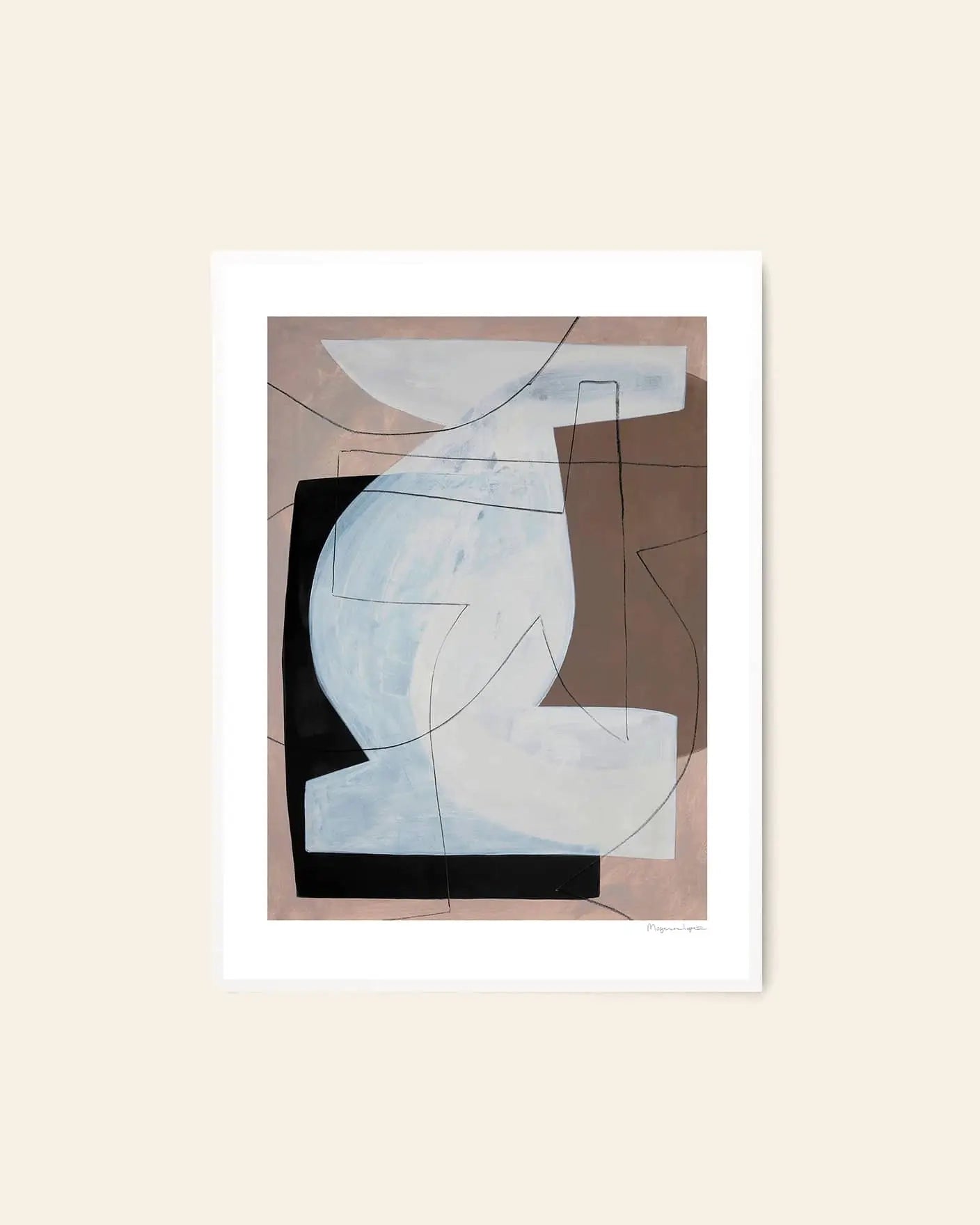 The Poster Club Berit Mogensen Lopez - Levitation (50x70) features overlapping geometric shapes in white, black, and brown on beige, outlined with thin black lines for a modern look. Framed in white, available from The Poster Club.