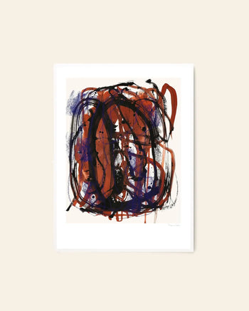 The Poster Club Berit Mogensen Lopez - Mixed Media (50x70) features bold black, red, and purple brushstrokes with white accents on a neutral background, framed with a white border and displayed against a light beige wall. Available at The Poster Club.