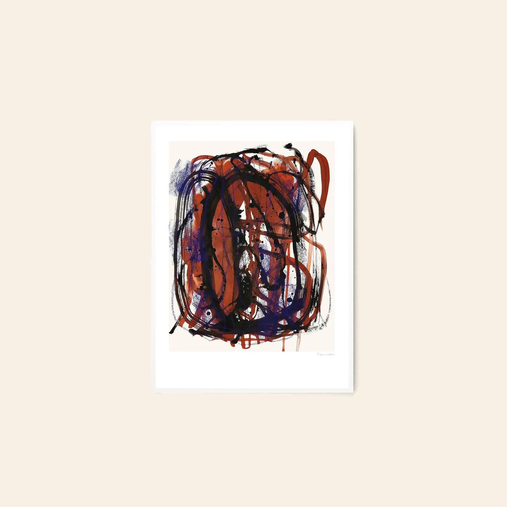 The Poster Club Berit Mogensen Lopez - Checkered (50x70) features bold red, black, and blue abstract brushstrokes on white, framed and displayed against a beige wall—a striking expressive print by The Poster Club.