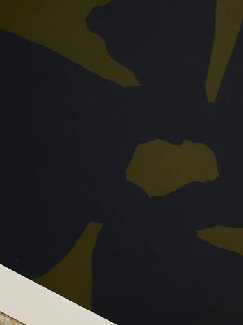 By Garmi - Desoleil (30x40) from The Poster Club features dark, overlapping organic forms on a muted olive background with a sharp white diagonal edge at the lower left.