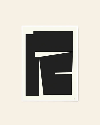 The Poster Club Bycdesign Studio - Composition 04 (50x70) features bold, irregular black shapes and lines on a white background, creating minimalist geometric structures in a modern art print.