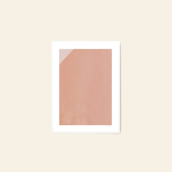 The Poster Club Anna Johansson - Monday (30x40): Minimalist art print with a large pink rectangle and light corner on beige, framed in white. Available at The Poster Club.