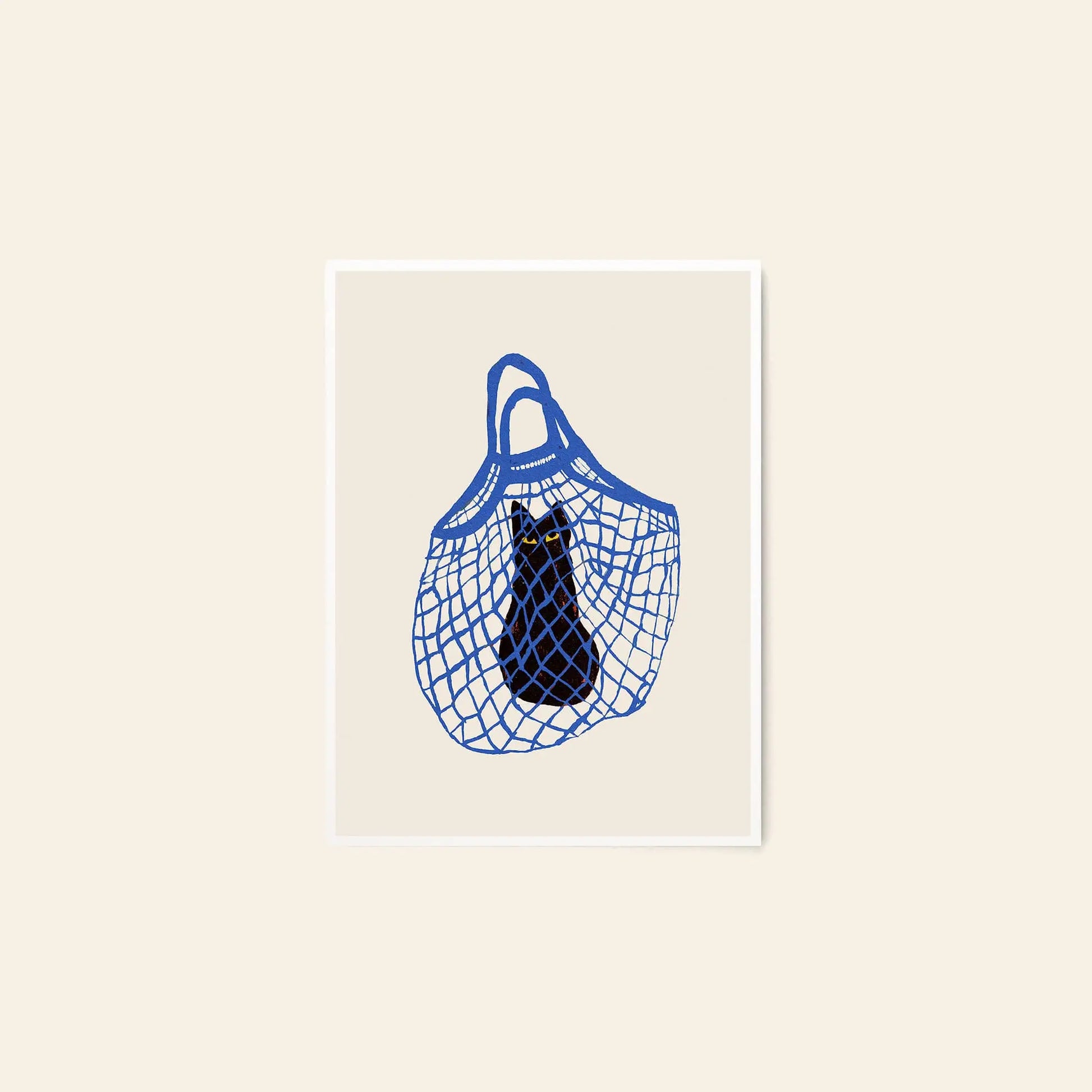 The Poster Club’s Jaguar 01 (50x70) art print by Anastasia Krasilnikova features a blue net shopping bag holding a black bottle on a plain beige background, complemented by a crisp white border.