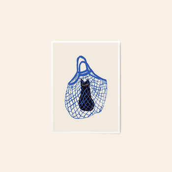 The Poster Club’s Jaguar 01 (50x70) art print by Anastasia Krasilnikova features a blue net shopping bag holding a black bottle on a plain beige background, complemented by a crisp white border.