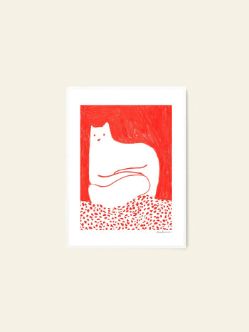 The Poster Club Cinzia Franceschini - Cat In Red (30x40) fine art print features a minimalist white cat with red outlines on a speckled surface and solid red background, capturing the felines calm pose in Cinzia Franceschini’s signature style.