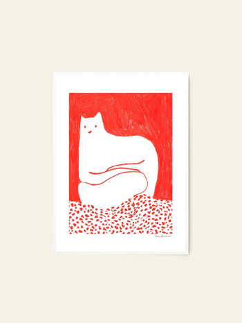 The Poster Club Cinzia Franceschini - Cat In Red (50x70) is a minimalist giclée print featuring a white cat drawn with simple lines, reclining on red and white patterns against a bold red background. Brand: The Poster Club.