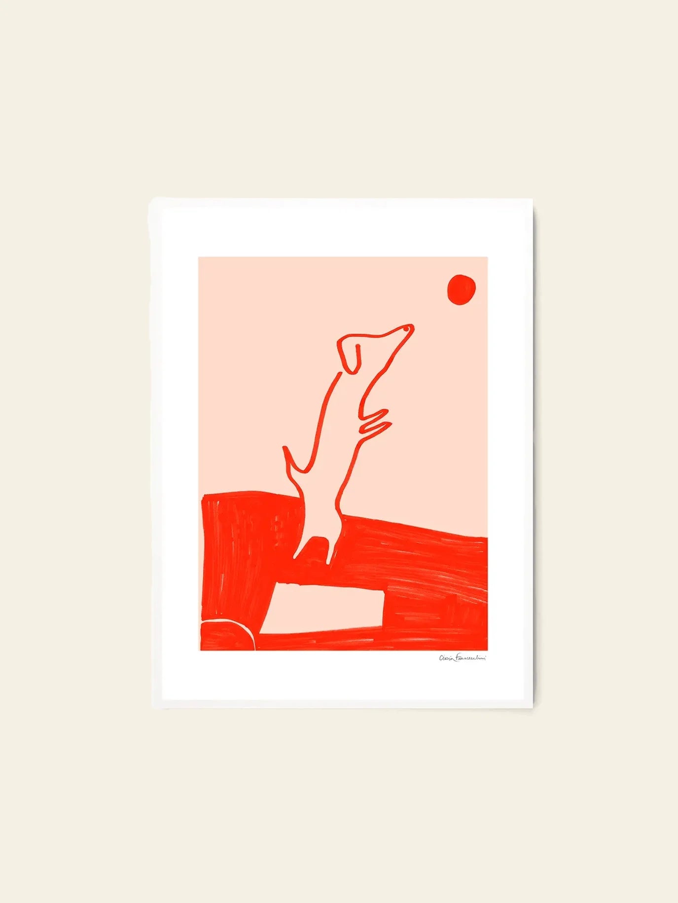 The Poster Club Cinzia Franceschini - Divertissement (50x70) features a minimalist red-outlined dog leaping for a ball on pale pink, inspired by Cinzia Franceschini. This fine art giclée print is beautifully framed on light beige premium art paper.