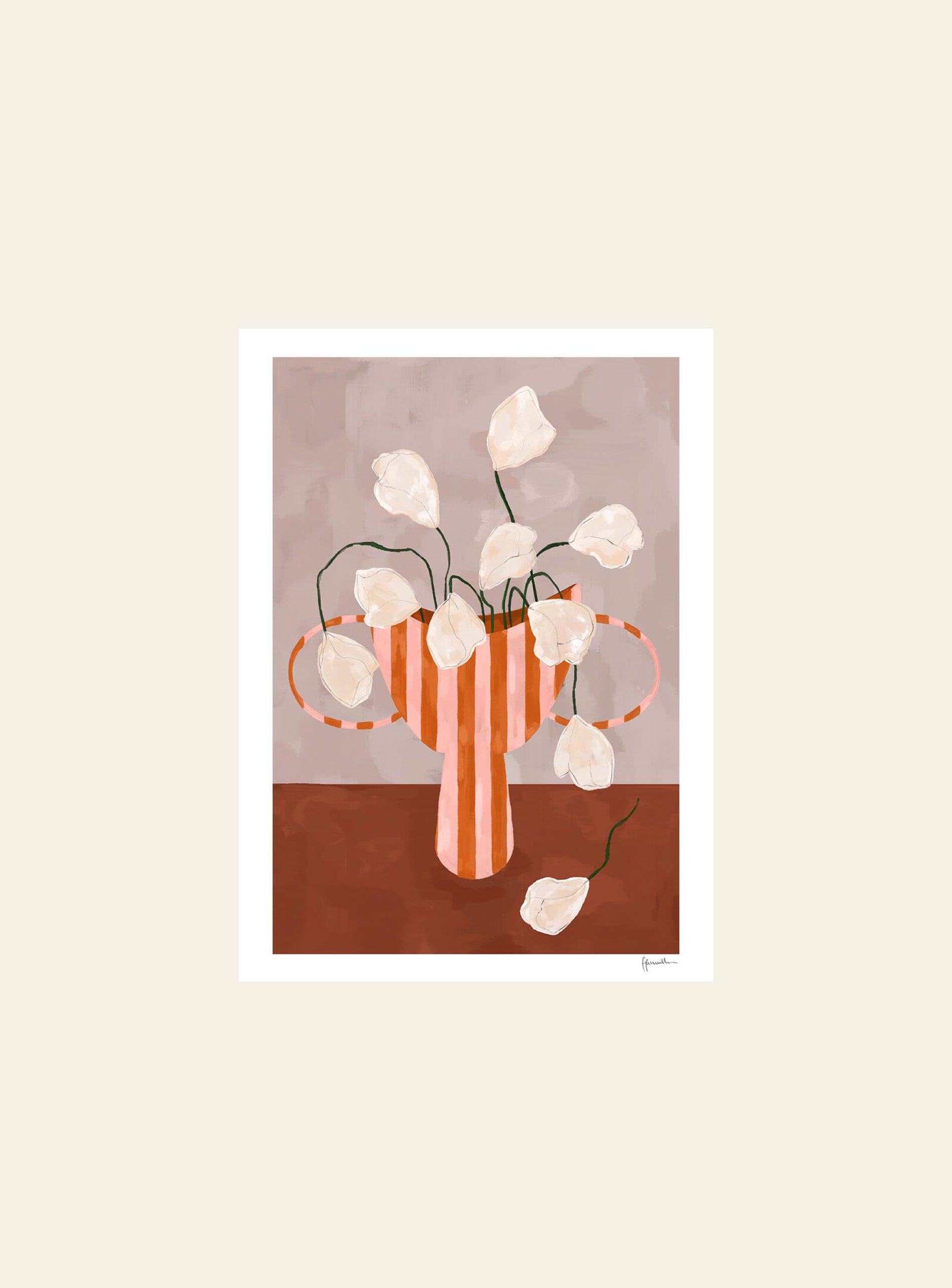 The Poster Club Frankie Penwill - White Flowers in Striped Vase (30x40) poster features drooping white blooms in a striped vase with side handles, set against a muted backdrop and bordered by a white mat—botanical beauty from The Poster Club.