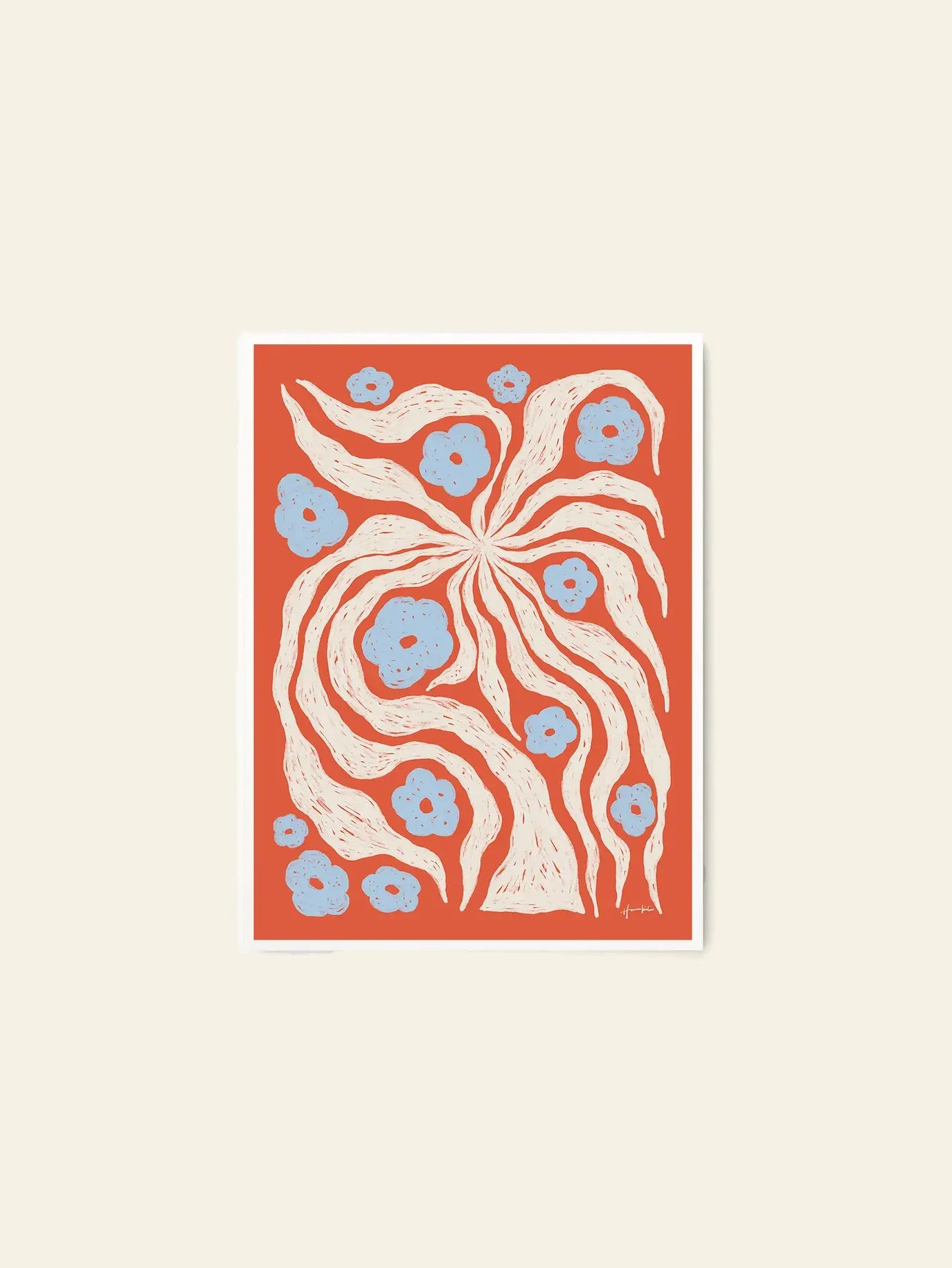 The Poster Club Hanna KL - Misty (30x40) features cream wavy lines and light blue floral clusters on a vivid orange backdrop, set against a plain beige surface. Available as an art print from The Poster Club.