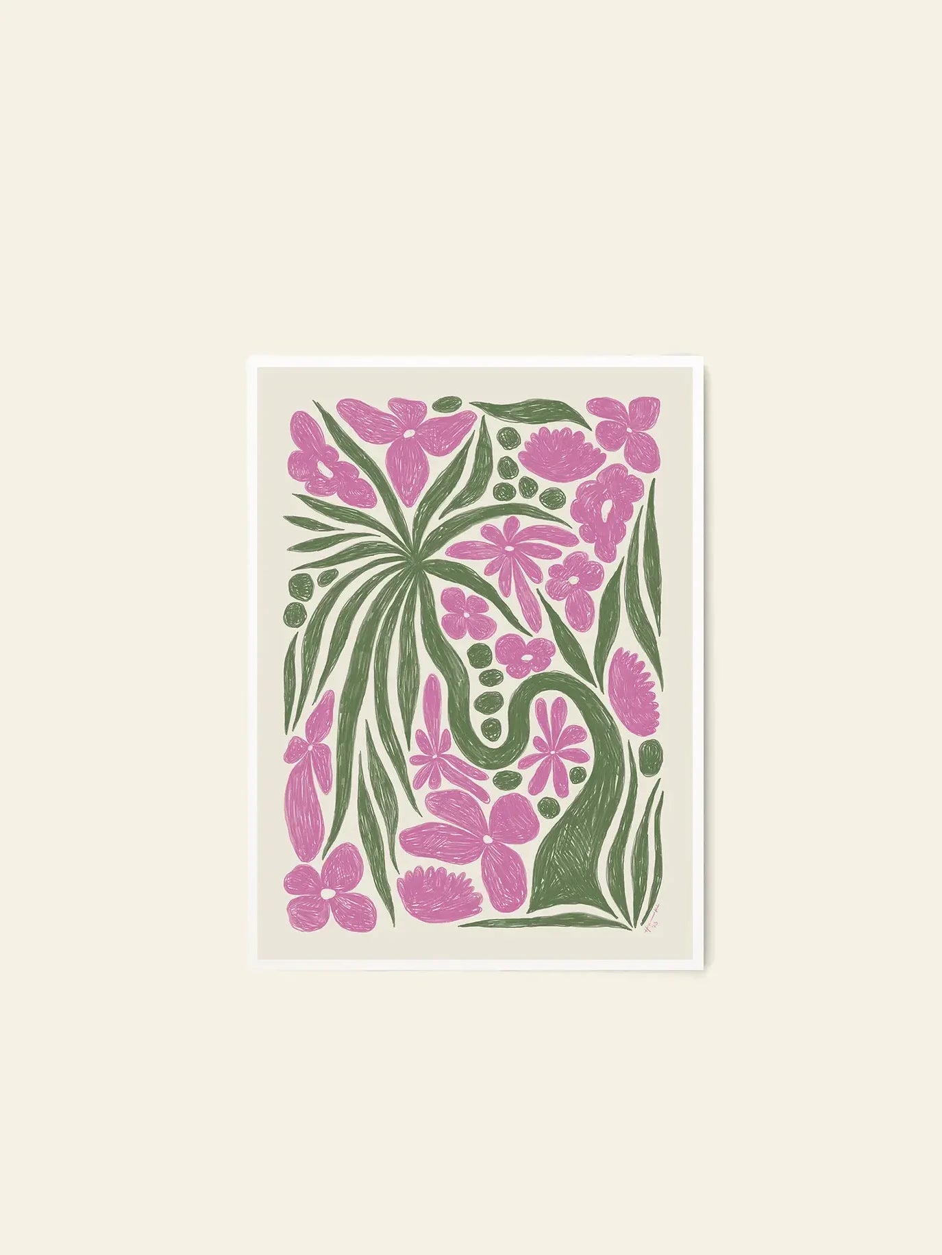 The Poster Clubs Hanna KL - Wonder (30x40) is a framed artwork featuring Hanna KLs abstract floral print with pink flowers and green leaves on a light beige background.