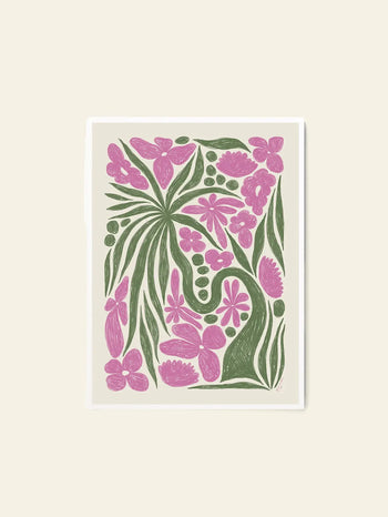 The Poster Club Hanna KL - Wonder (50x70) is a modern hand-drawn art print with stylized green leaves and pink flowers on an off-white background—perfect for any space, available at The Poster Club.