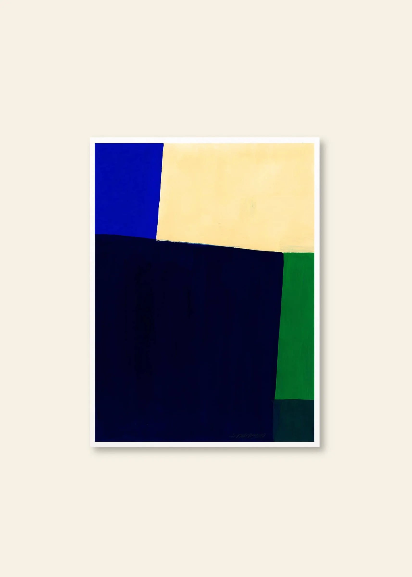 Part of The Poster Clubs Daydreamer Collection, Hanna Peterson - Court (30x40) is a fine art giclée print with bold geometric shapes—blue, yellow, navy, and green—set against a cream background.