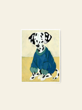 The Poster Club Hanna Peterson - Dalmatian In Sweatshirt (30x40): A charming fine art print of a Dalmatian puppy in an oversized blue sweater and green pants on a yellow floor, inspired by Hanna Peterson’s playful style. Brand: The Poster Club.