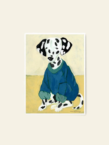 The Poster Club Hanna Peterson - Dalmatian In Sweatshirt (50x70) features a charming Dalmatian puppy in a blue and green sweater on a yellow floor—an ideal fine art print for The Poster Club collection.