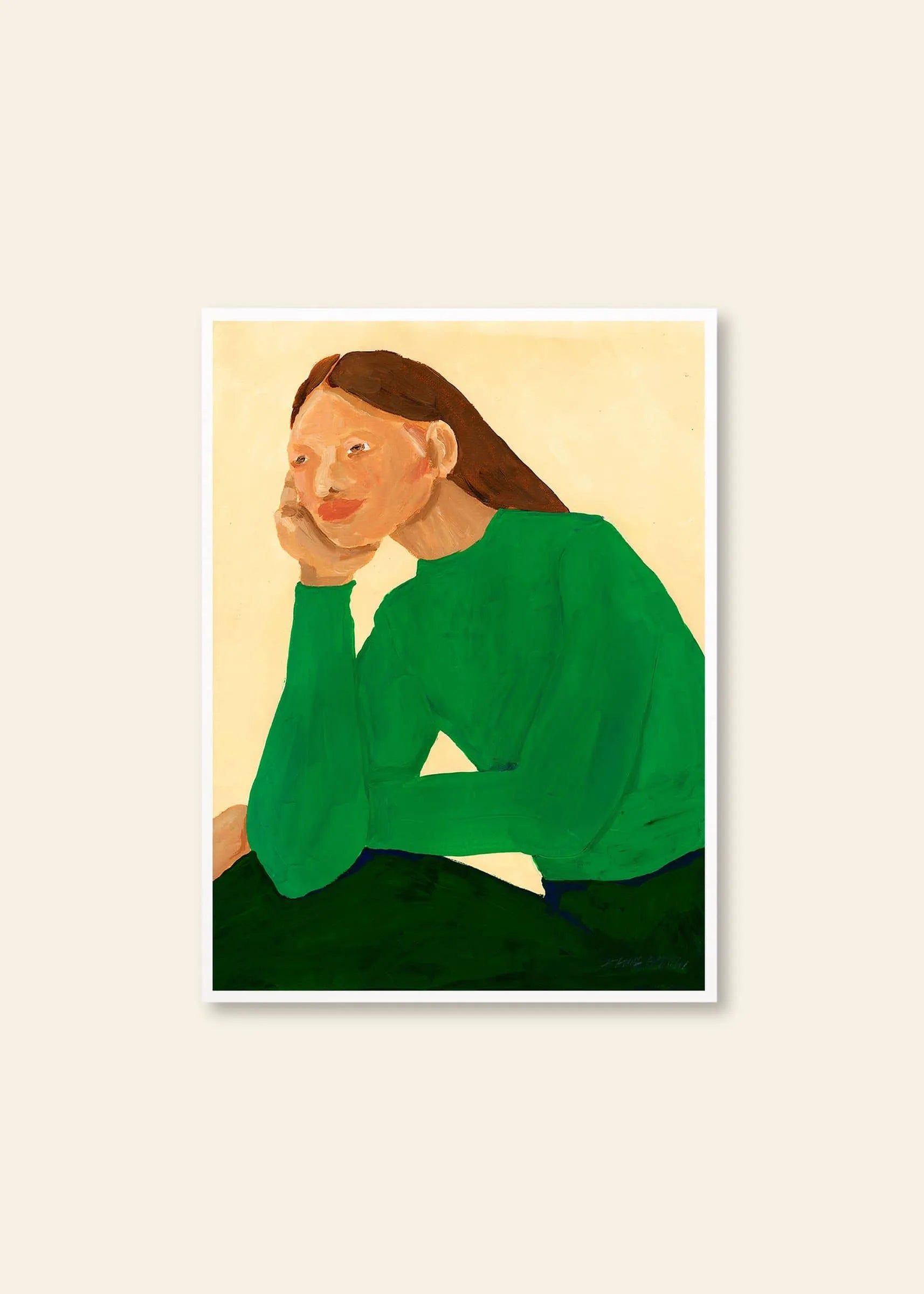 The Poster Clubs Hanna Peterson - Green Guise (30x40) is a fine art giclée print from The Daydreamer Collection, featuring a figure in a bright green long-sleeve shirt with long brown hair on a neutral beige background.