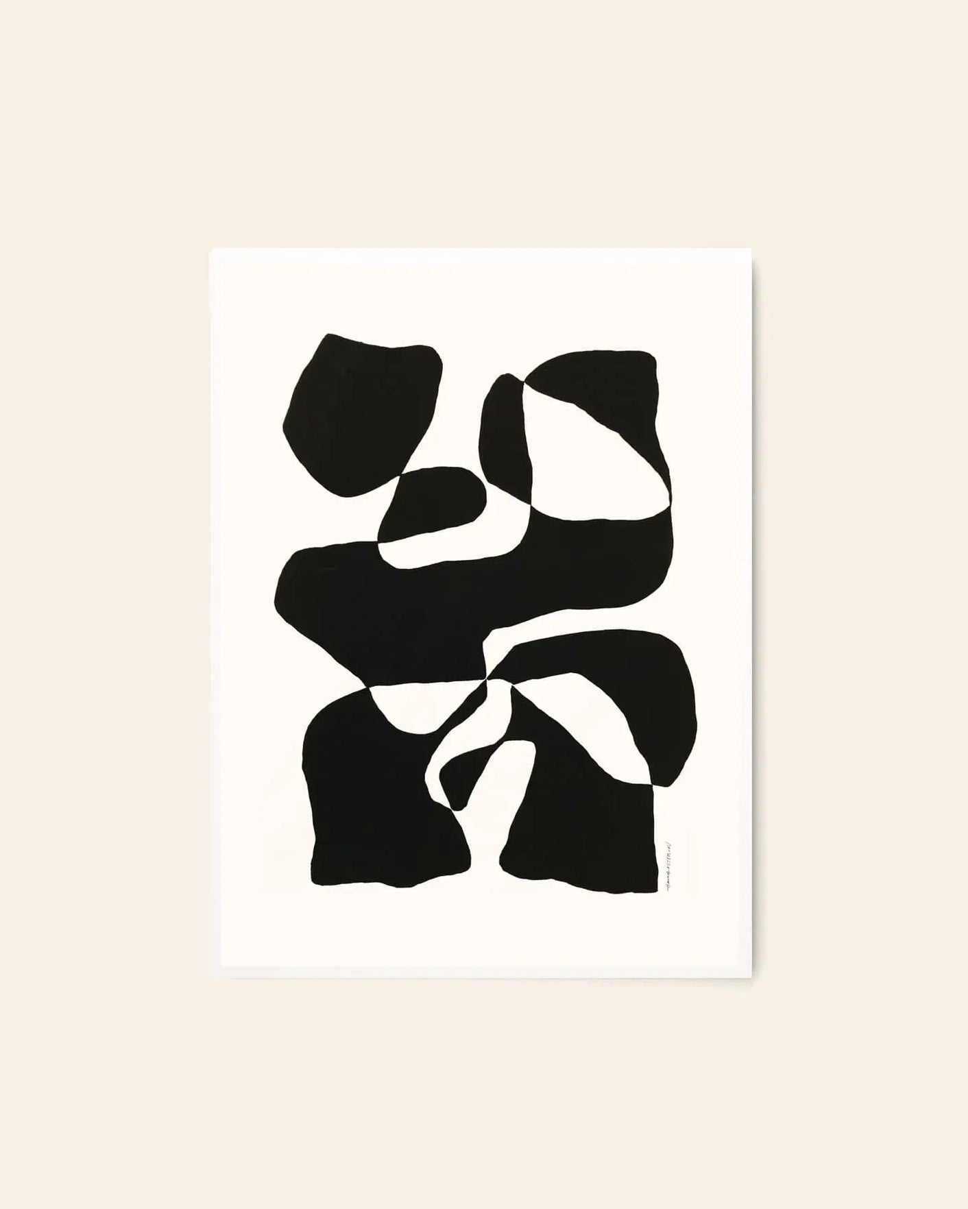 The Poster Club Hanna Peterson - Impossible Island (50x70) features abstract black shapes on white, creating an organic, modern look. This fine art giclée print by The Poster Club stands out when centered on a neutral beige wall.
