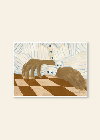 Hanna Peterson - Light Stripes (30x40) art print at The Poster Club features two brown hands on a brown and cream checkerboard, with only the torso, arms, and hands visible. The person wears a white shirt with blue stripes and buttons.