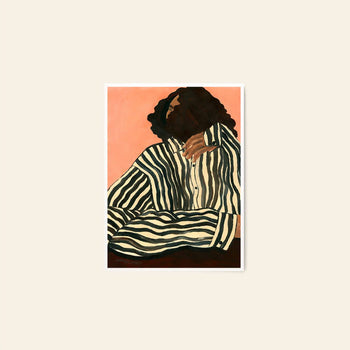 Anastasia Krasilnikova’s Jaguar 01 (50x70) from The Poster Club features a dark-skinned figure with wavy hair in black-and-white stripes, seated against a peach background—an elegant art print by The Poster Club.