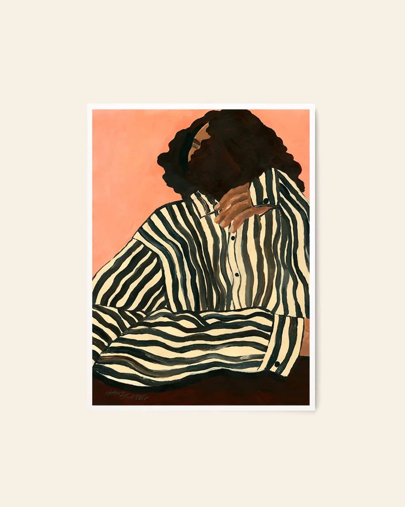 The Poster Club Hanna Peterson - Serene Stripes (30x40) art print features a person with curly hair in a black-and-white striped shirt, peach background, and their face partially obscured with a hand raised by their chin.