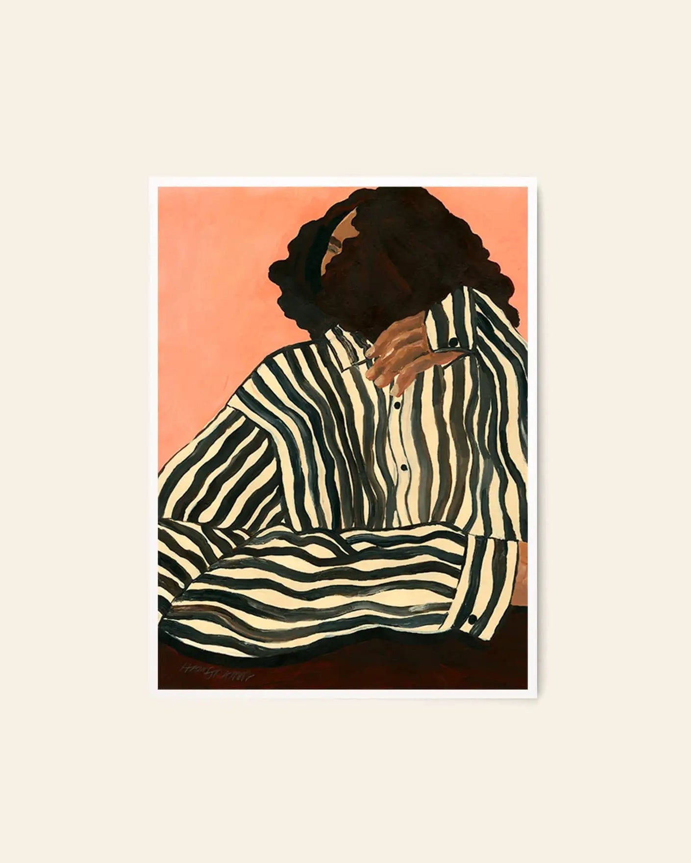 The Poster Club Hanna Peterson - Serene Stripes (50x70) depicts a person with curly hair in an oversized black and white striped shirt, seated against a peach background with their face partially obscured for a mysterious touch.