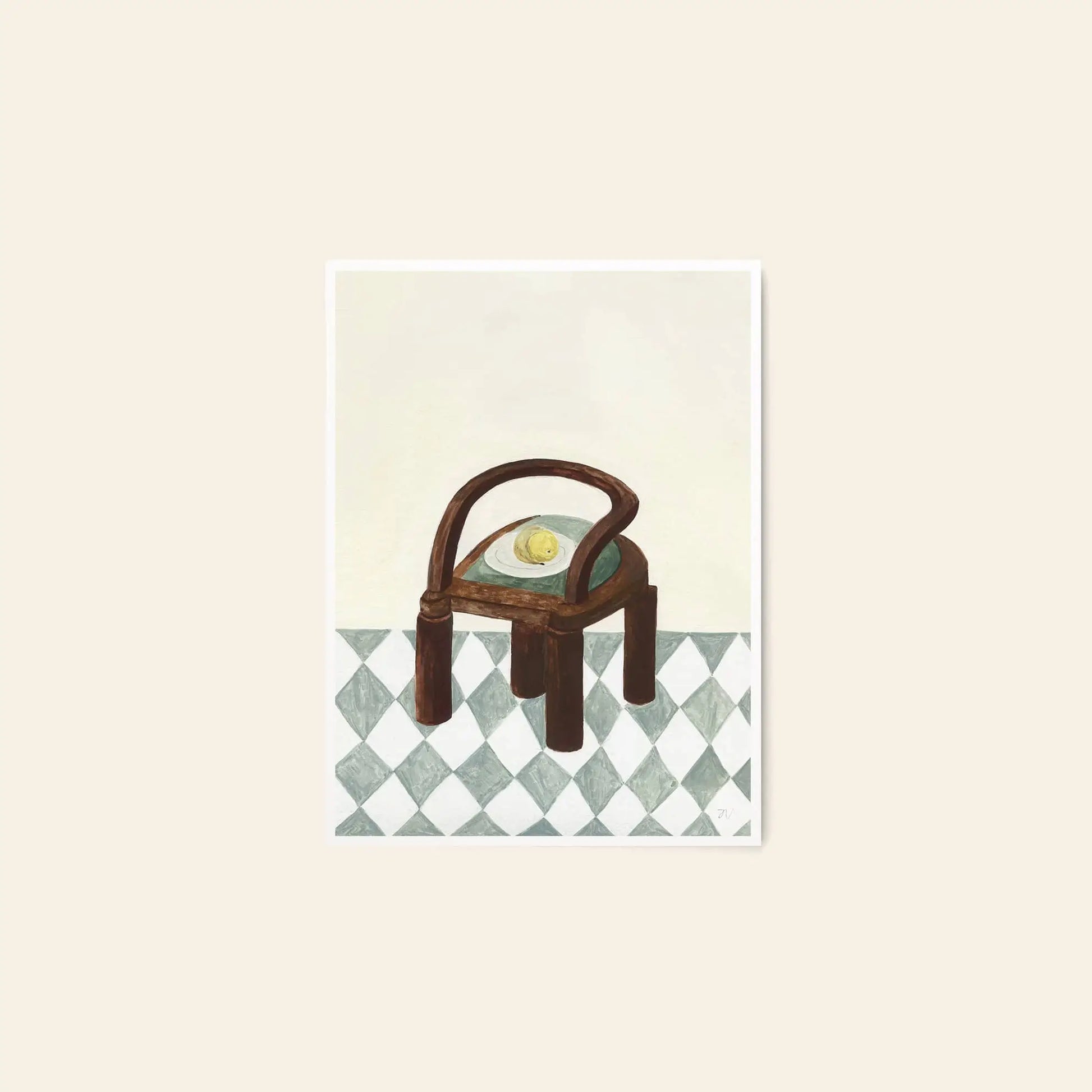 The Poster Club Berit Mogensen Lopez - Improvise (50x70) art print features a framed painting of a wooden chair with fruit on the seat, set on a gray diamond-tiled floor against a light background. Available at The Poster Club.