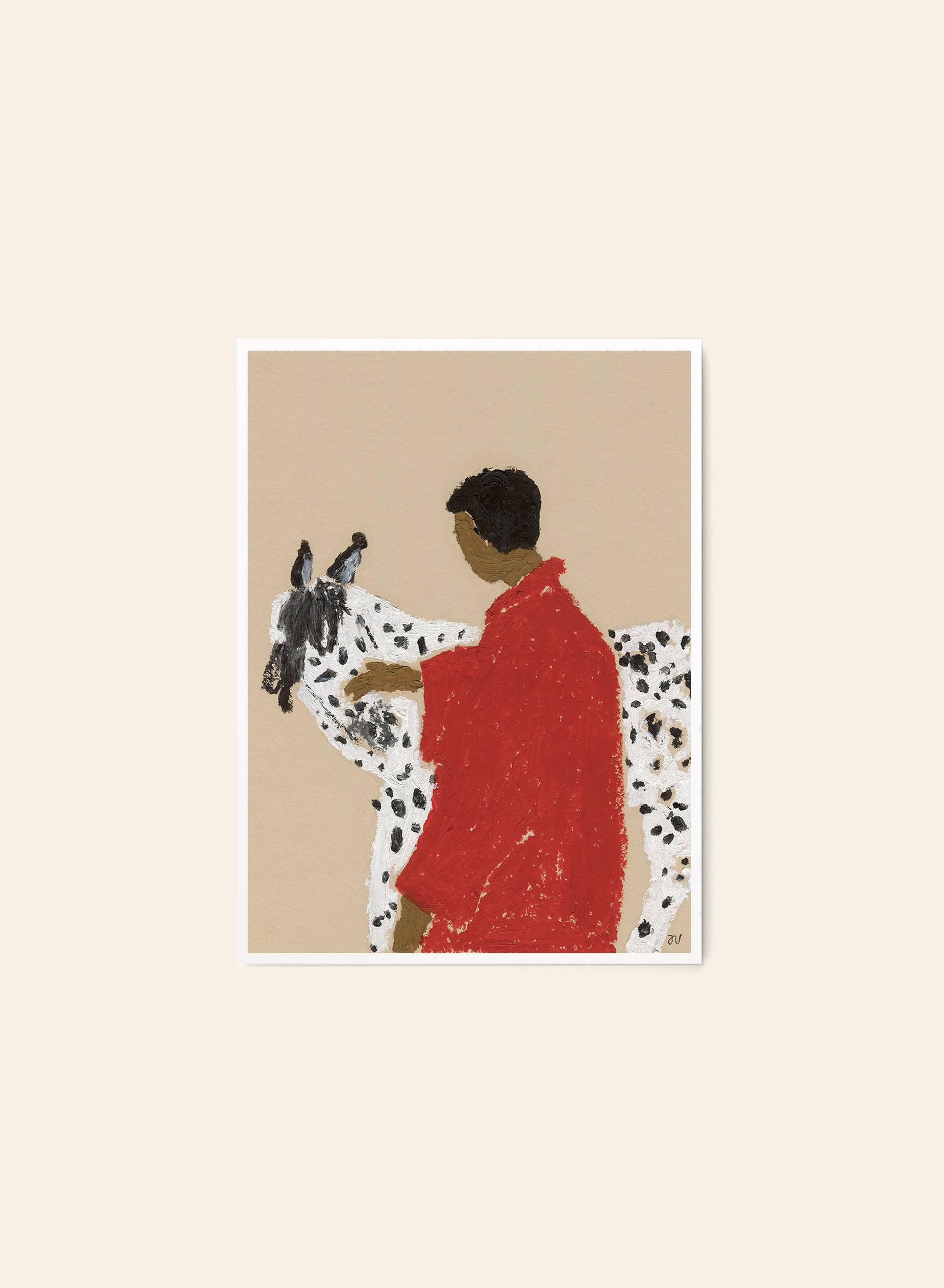 The Poster Club Isabelle Vandeplassche - Spotted Horse (30x40) features a textured illustration of a person in a red robe with a white, black-spotted horse on beige. Fine art giclée print with archival conservation quality by The Poster Club.