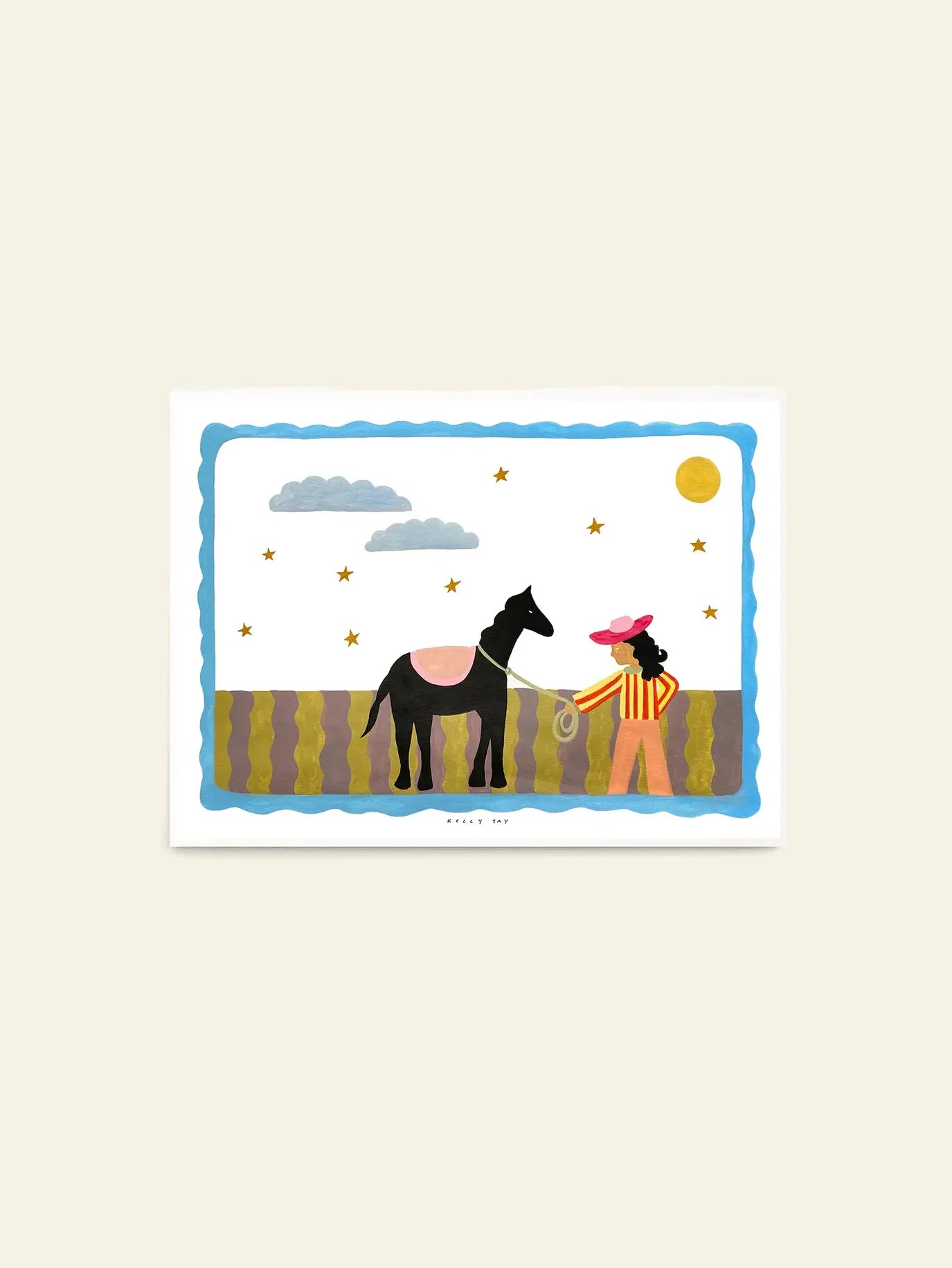 The Poster Club Kelly Jay - A Journey Begins (30x40) art print features a person in a hat holding a rope tied to a black horse, standing in a sunny field with clouds and stars, all framed by blue—a charming piece from The Poster Club.